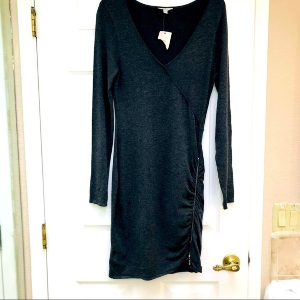 Guess Taren Casual Gray Long Sleeve Ruse Zipper Side Dress-Size Large  NWT